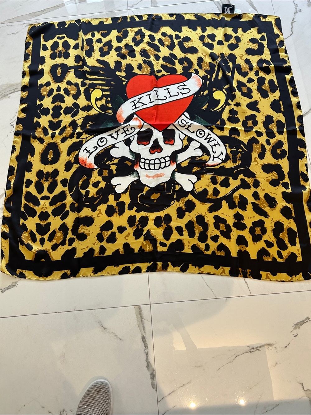 Ed Hardy Yellow Leopard Print Scarf with Red Heart & Skull Graphic